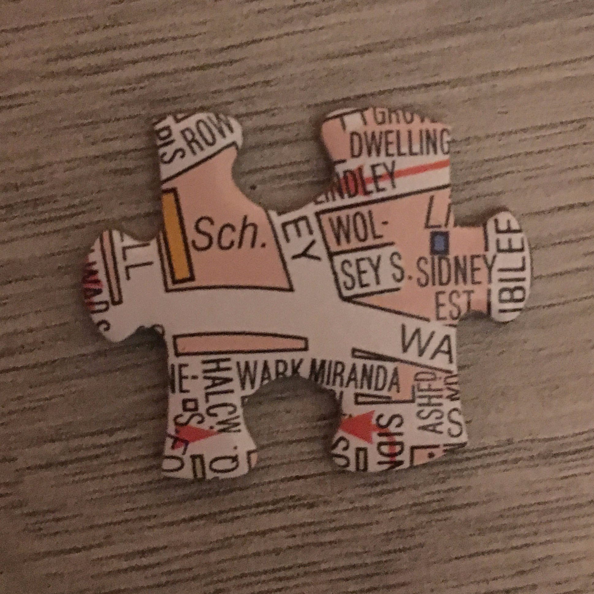 A jigsaw piece, showing part of a map. There is a criss-cross of white streets. On the left is a long orange building, marked “Sch.”, and on the right a small blue building, marked “Li[b]”, with “SIDNEY EST” below it.