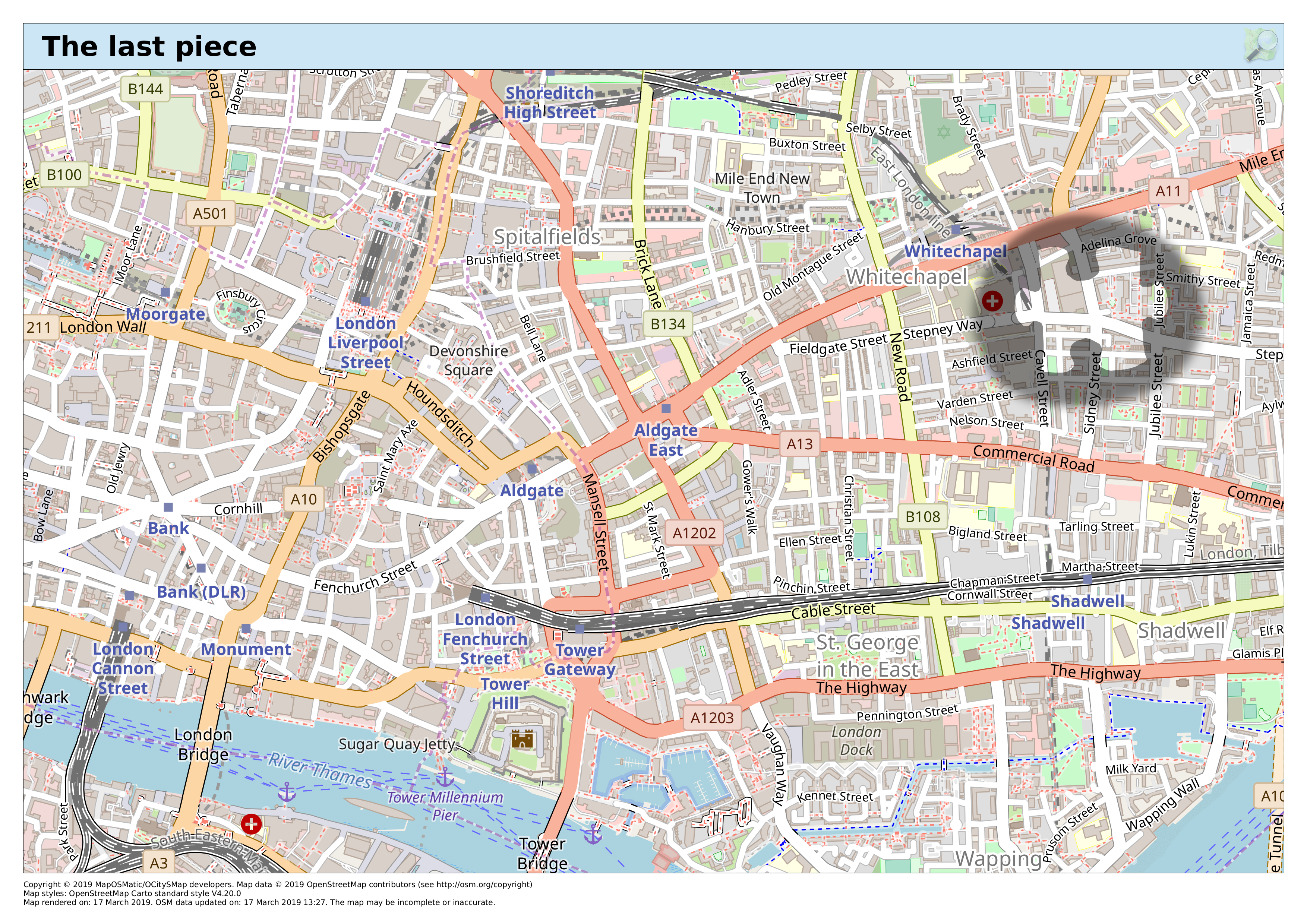 A map of part of London, from Southwark Bridge is the West to near Stepney Green in the east, and from Shoreditch High Street station in the north to Tower Bridge in the south. Much of the City is visible. Near Whitechapel, the map is darkened in a rough ellipse shape; within that ellipse, a part of the map is at normal brightness, in the outline of a jigsaw piece.
