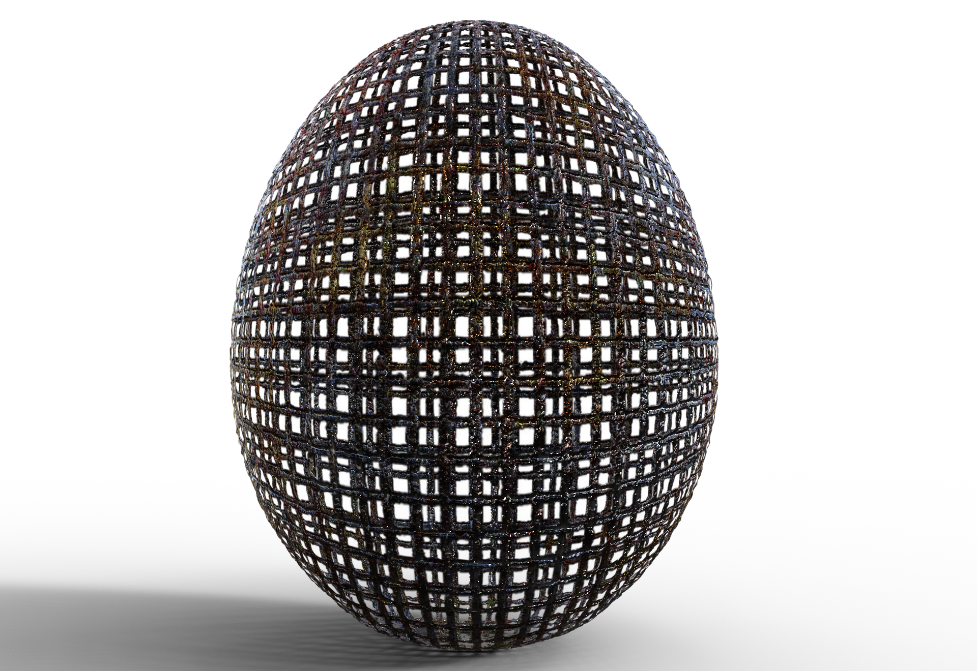 A cage pattern, deformed into the shape of an egg. The egg casts a shadow on its white backdrop.