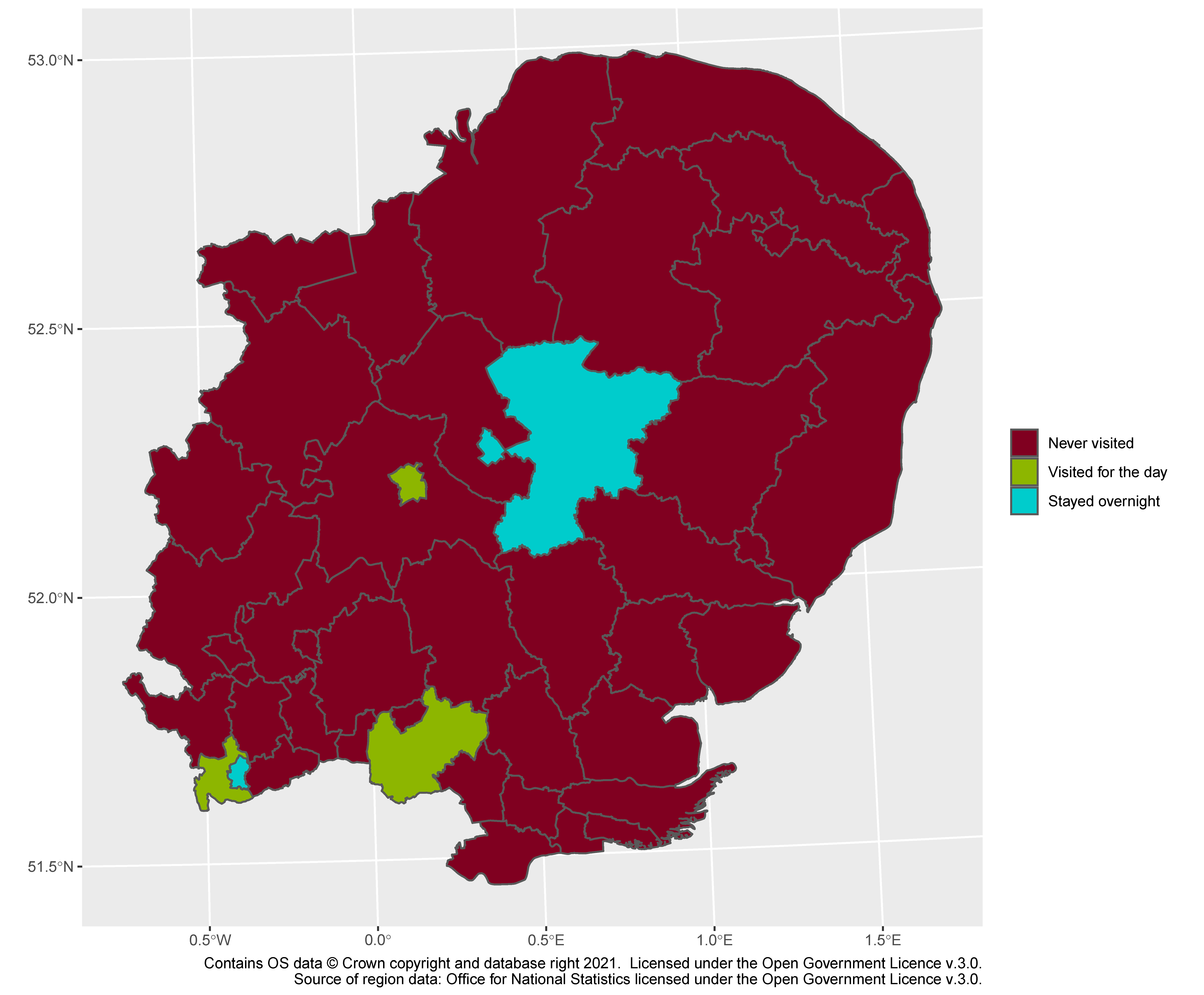 A map of the East of England, with latitude and longitude marked. There is a legend: red for "never visited", green for "visited for the day" and blue for "stayed overnight". The map is mostly red: there are a few green and blue regions in the south west, and two more near the centre.