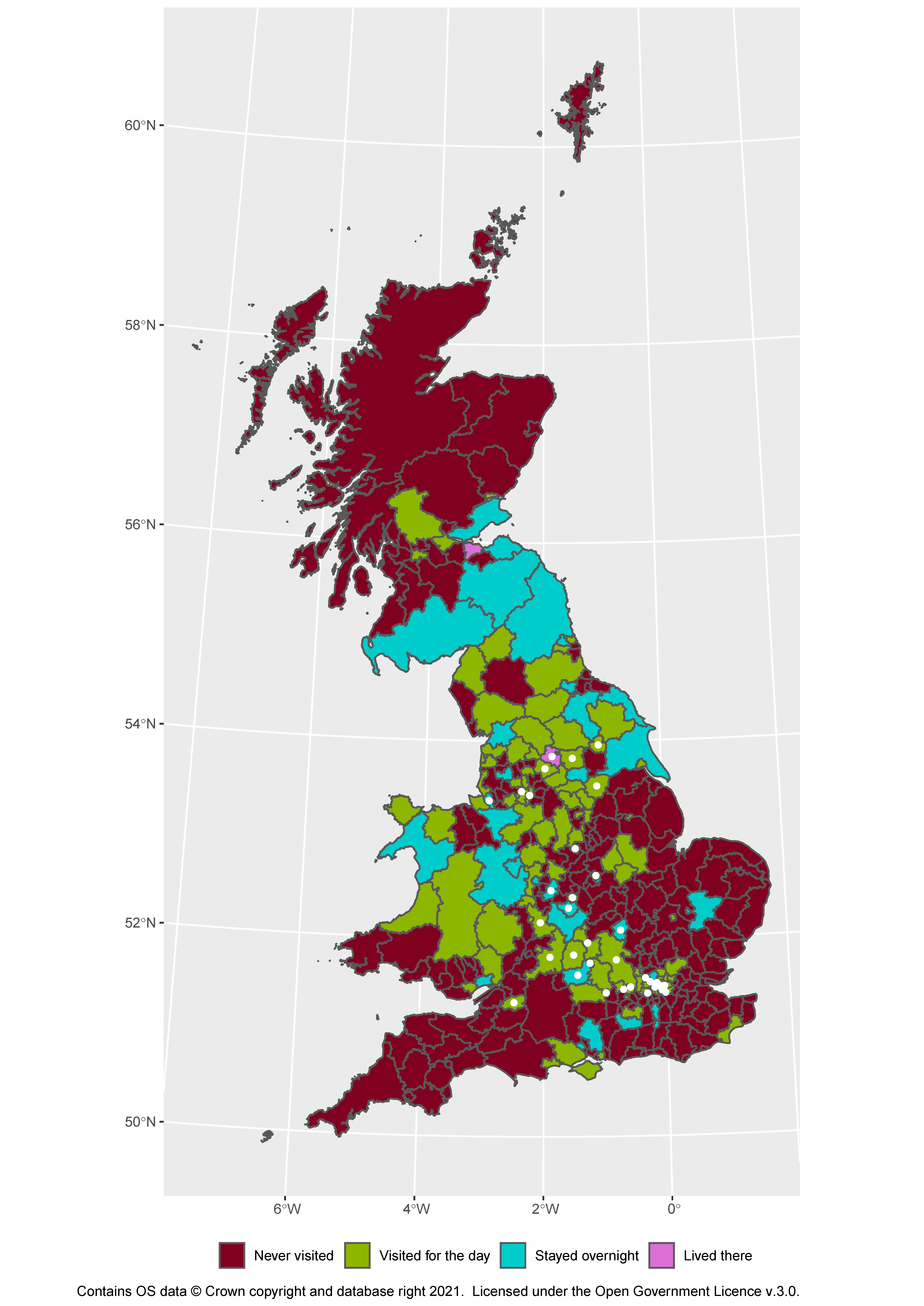 A map of Great Britain, with latitude and longitude marked. There is a legend: red for "never visited", green for "visited for the day", blue for "stayed overnight" and purple for "lived there". The map is a patchwork of colours, with greens and blues mostly in the North, Wales, an area around Oxford and south Scotland. There are white dots on London, around Oxford, and along the M62 corridor.