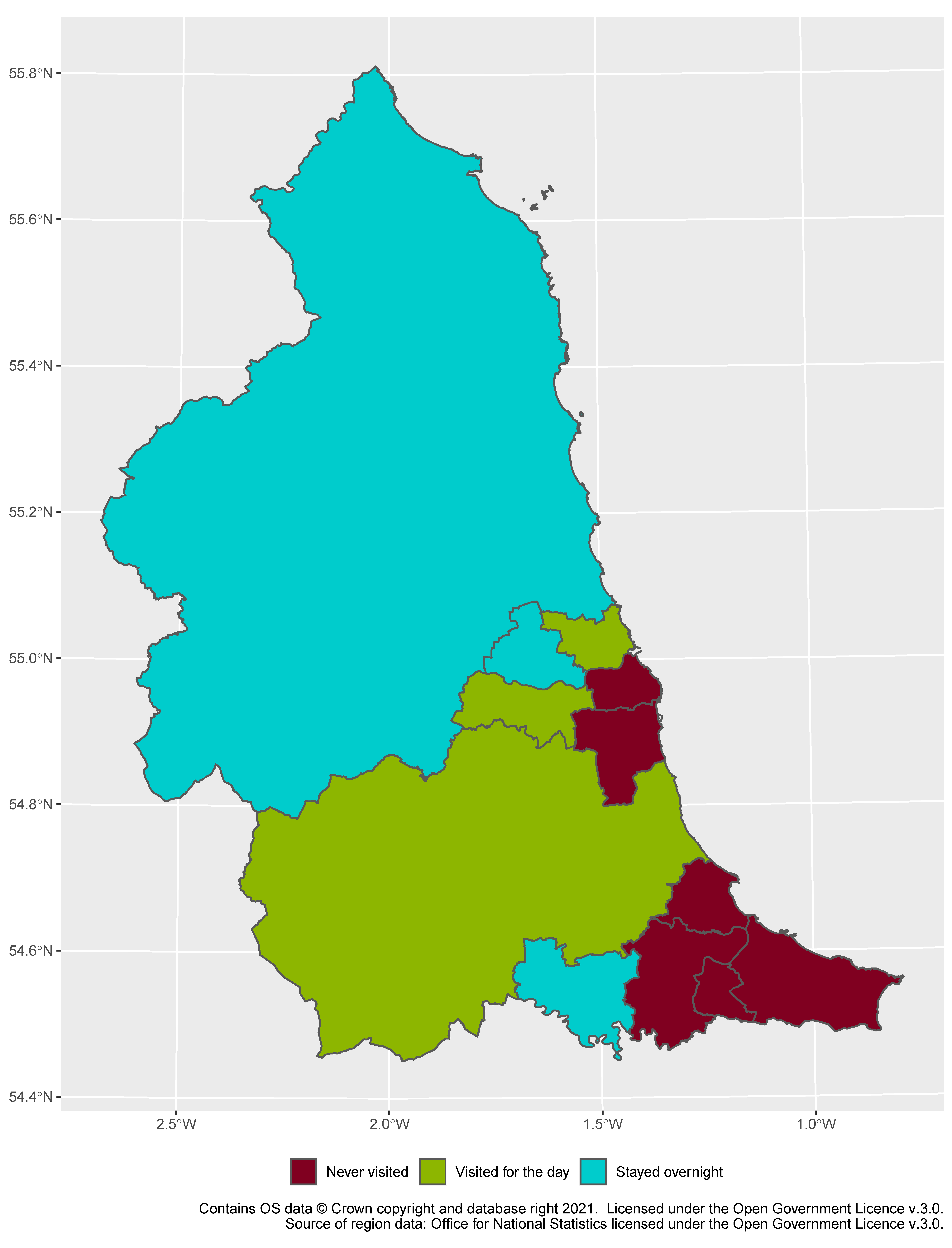 A map of the North East, with latitude and longitude marked. There is a legend: red for "never visited", green for "visited for the day" and blue for "stayed overnight". There are large areas, with the northern one being blue and the southern green; four smaller areas are also green or blue. There are six red regions, in two clusters along the east coast.