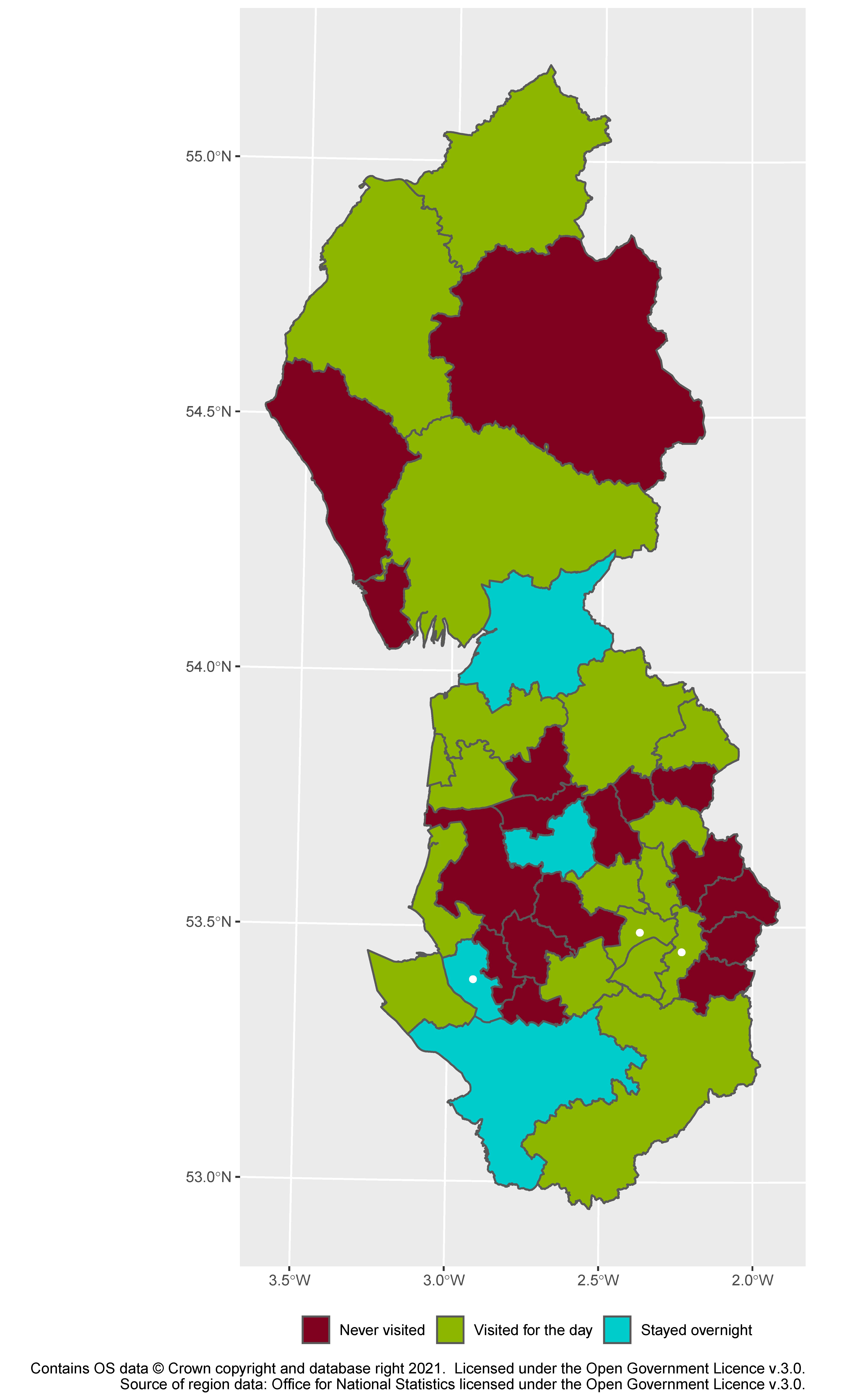A map of the North West, with latitude and longitude marked. There is a legend: red for "never visited", green for "visited for the day" and blue for "stayed overnight". The map is a patchwork of colours, with no real pattern. The region has the shape of a figure of eight, and the three white dots are towards the centre of the lower loop.