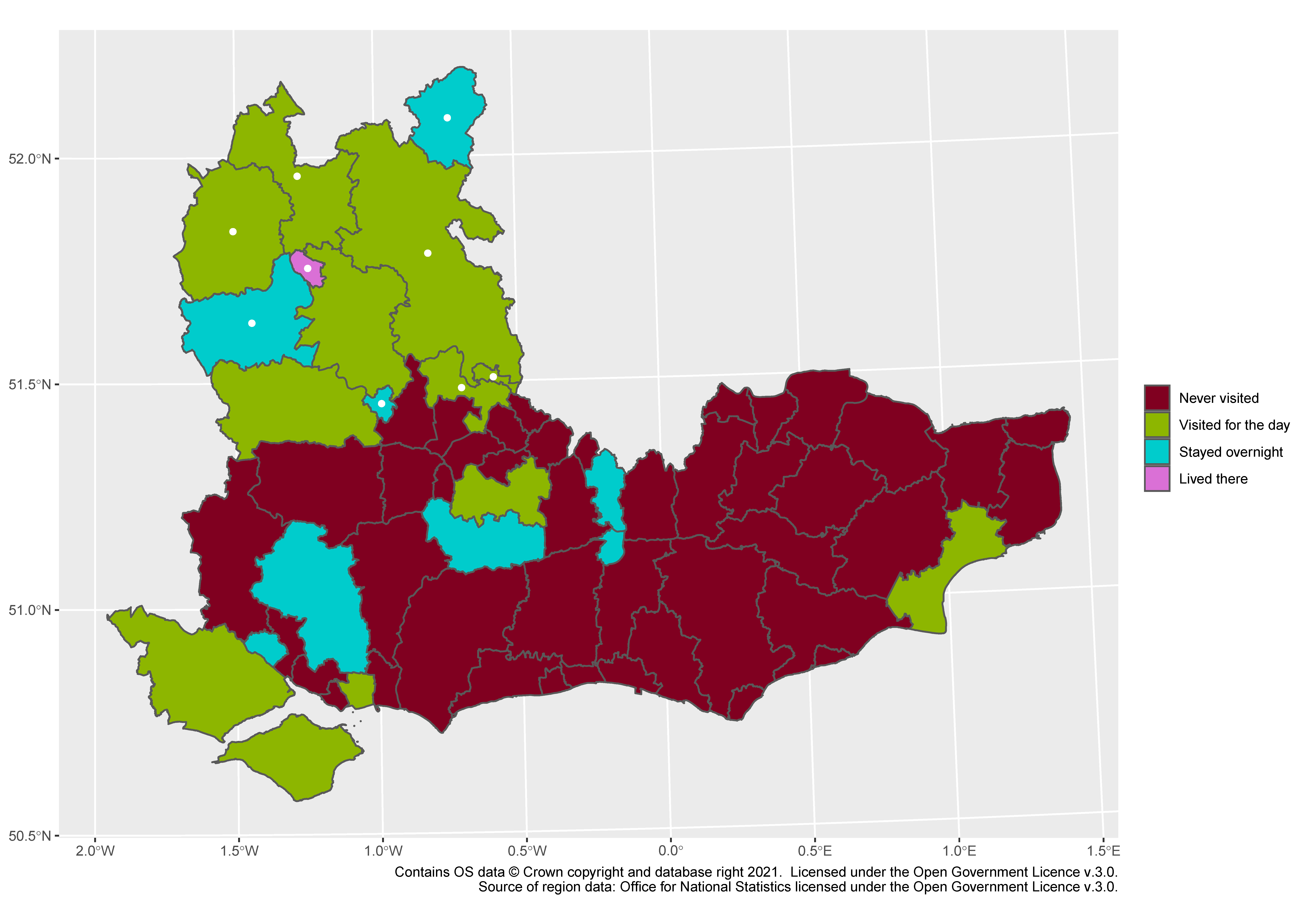 A map of the South East, with latitude and longitude marked. There is a legend: red for "never visited", green for "visited for the day", blue for "stayed overnight" and purple for "lived there". The region is L-shaped, and the greens and blues form a solid mass towards the top of the L; the lower, horizontal part of the L is mostly red, with a few green and blue patches. The only purple region is in the upper part, and has a white dot, along with a number of other surrounding areas.