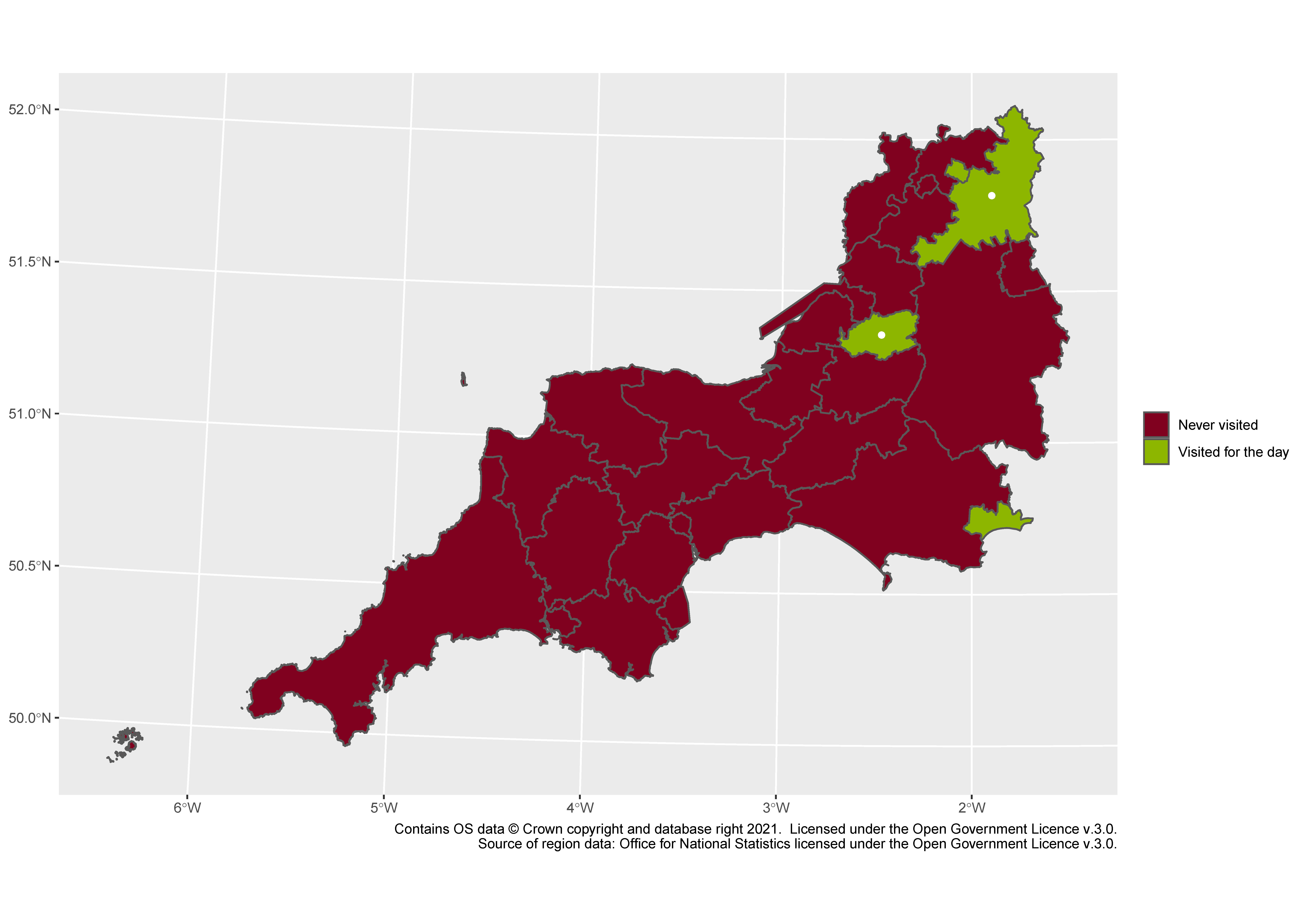 A map of the South West, with latitude and longitude marked. There is a legend: red for "never visited" and green for "visited for the day". Three regions are green: two in the extreme north-east, one in the extreme south-east and one near the middle. The middle region and a north-east one have white dots. Everything else is red.