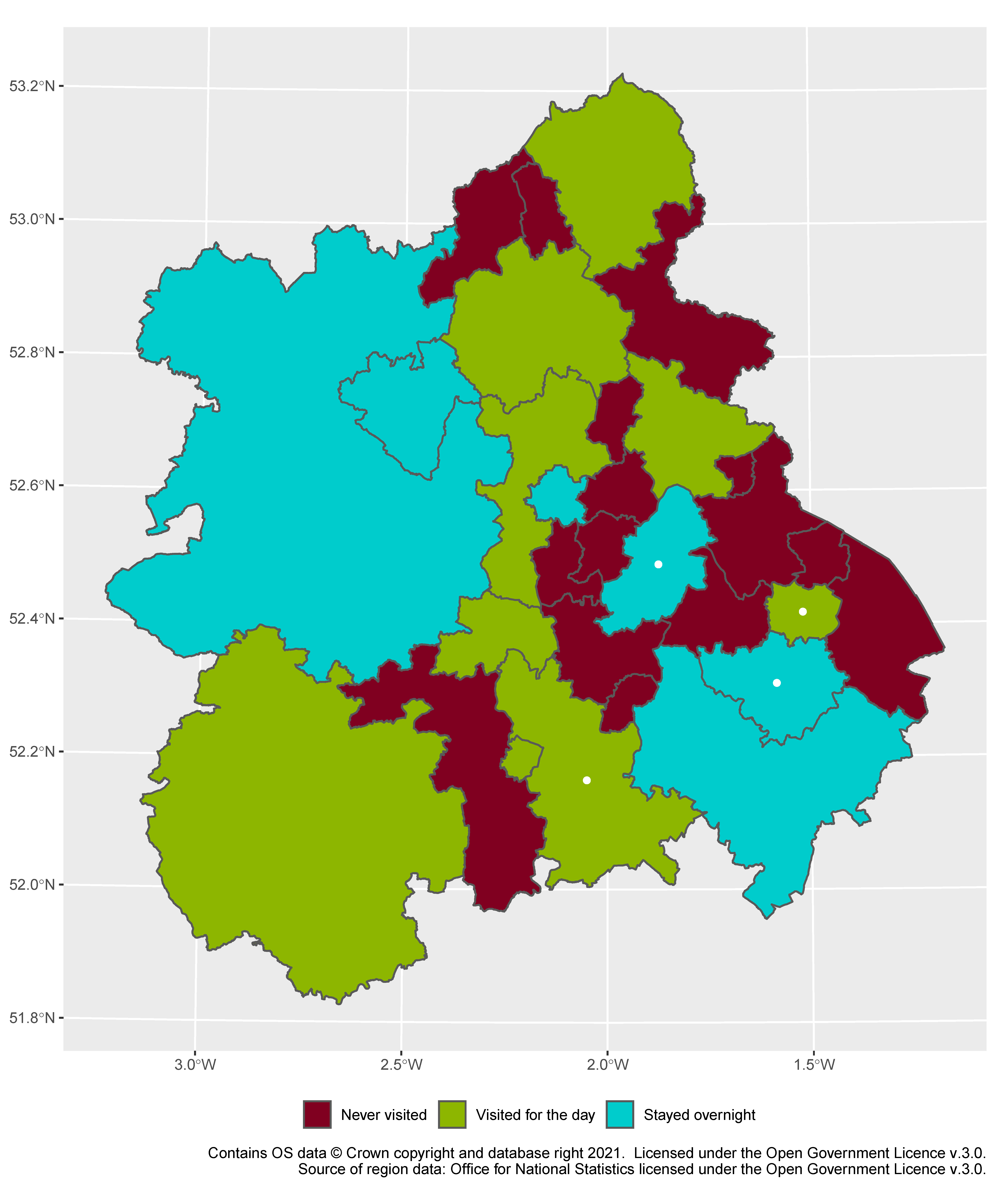 A map of the West Midlands, with latitude and longitude marked. There is a legend: red for "never visited", green for "visited for the day" and blue for "stayed overnight". The map is a patchwork of colours, with reds mostly in smaller areas to the east; the rest is green and blue, with blues in a broken diagonal from north-west to south-east. There are four white dots, mostly to the south-east.