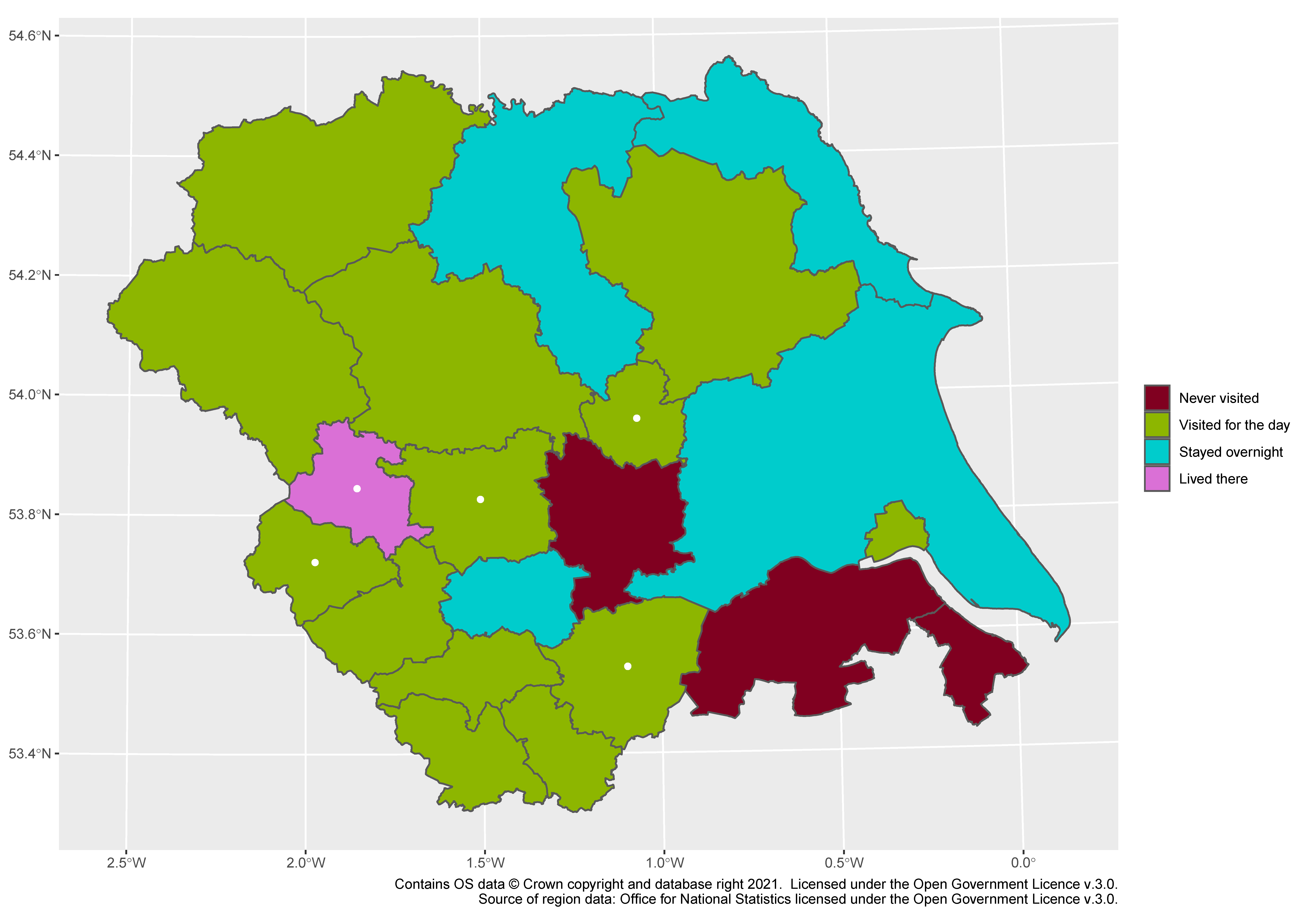 A map of Yorkshire and the Humber, with latitude and longitude marked. There is a legend: red for "never visited", green for "visited for the day", blue for "stayed overnight" and purple for "lived there". Bradford is purple, and most of the rest is green and blue (the blue regions being two along the coast, one to the north and one in West Yorkshire). Only three regions are red, mostly to the south-east. There are five white dots, mostly to the south-west.